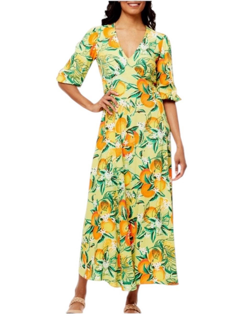LOVE X DESIGN Orange Citrus Print Midi Dress